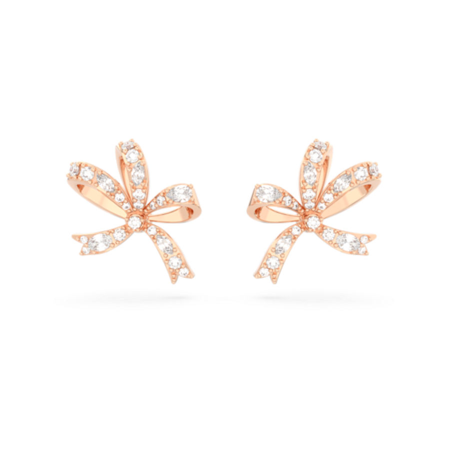 Resim Volta düğme Küpeler, Fiyonk, Küçük, Beyaz, Pembe altın rengi kaplama