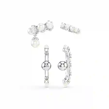 Resim Matrix Kelepçe Küpe, Set (3) Kristal inci, Yuvarlak kesim, Beyaz, Rodyum kaplama