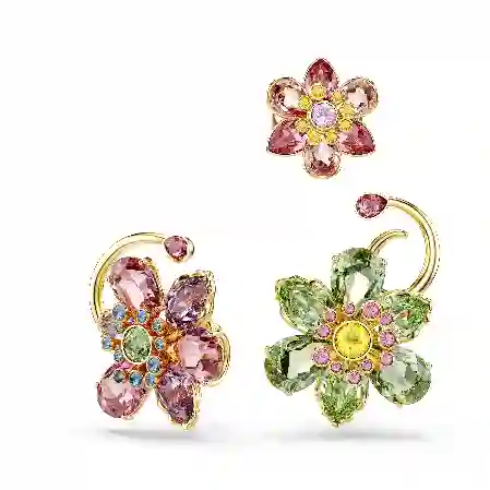 Resim Idyllia Kelepçe Küpe, Set (3), Asimetrik tasarım, Karışık kesimler, Çiçek, Çok renkli, Altın rengi kaplama