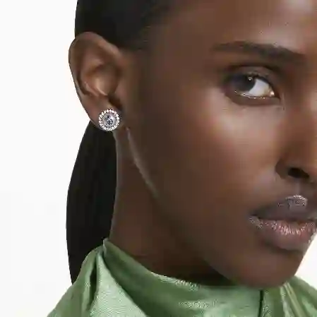 Resim Swarovski Swan düğme Küpeler, Kristal inci, Kuğu, Gri, Rutenyum kaplama