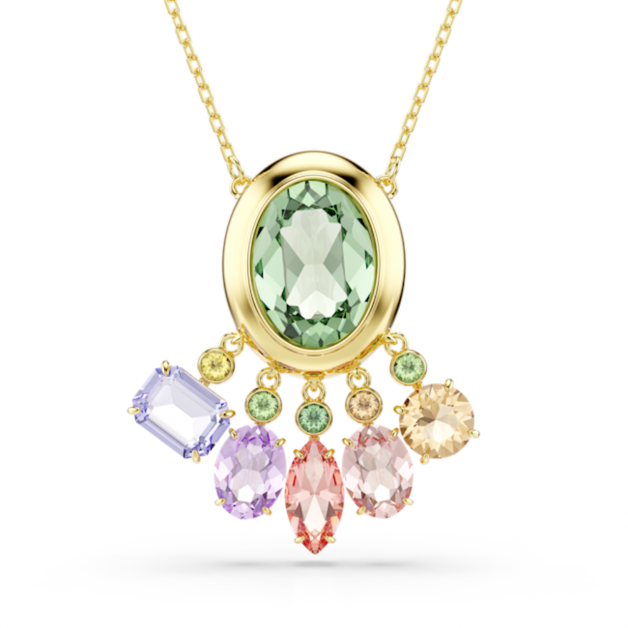Resim Gema Kolye, Karışık kesimler, Sallantılı kristaller, Çok renkli, Altın rengi kaplama