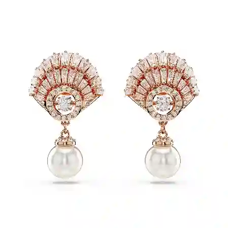 Resim Idyllia damla küpeler, Kristal inci, Deniz Kabuğu, Beyaz, Pembe altın rengi kaplama