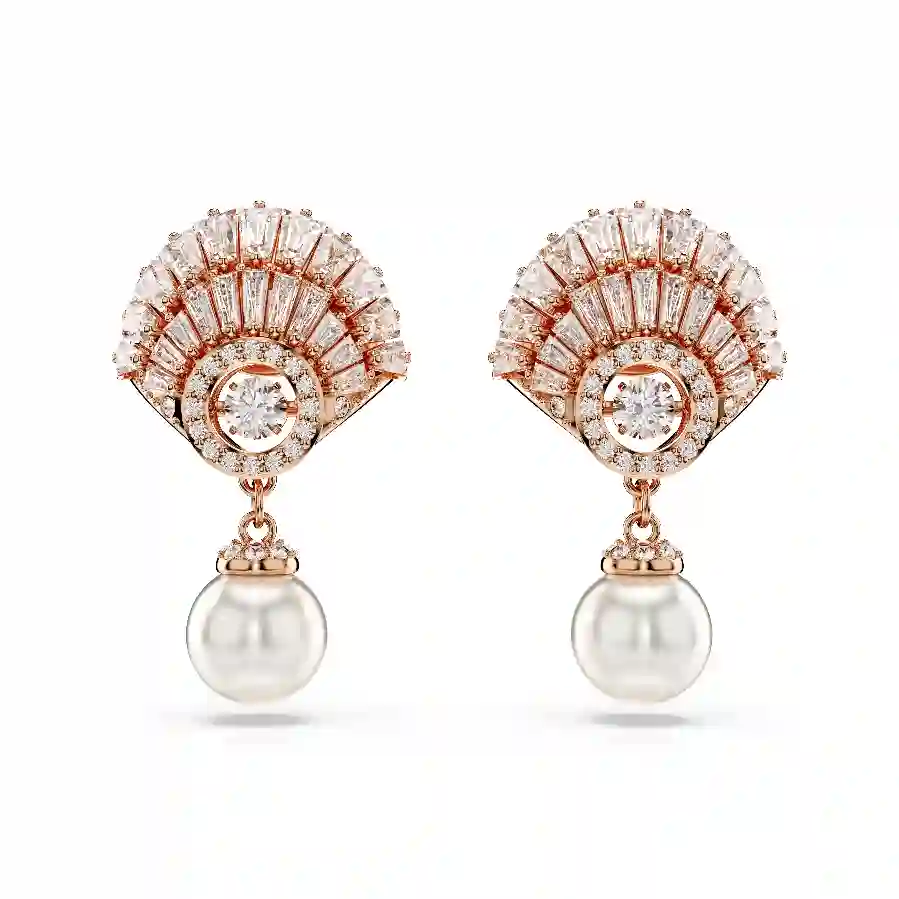 Resim Idyllia damla küpeler, Kristal inci, Deniz Kabuğu, Beyaz, Pembe altın rengi kaplama