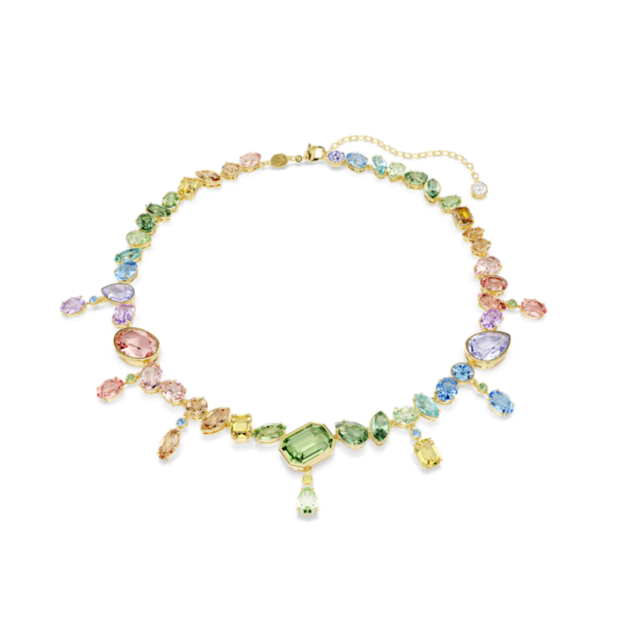 Resim Gema Kolye, Karışık kesimler, Sallantılı kristaller, Çok renkli, Altın rengi kaplama