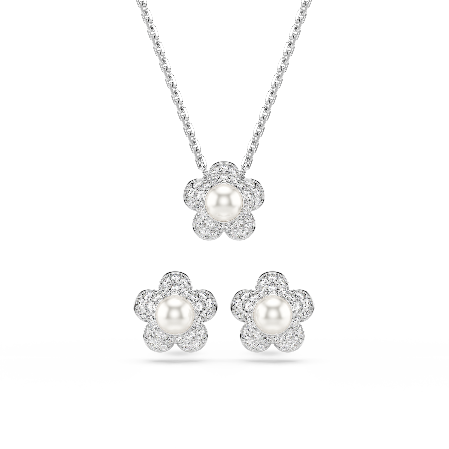 Resim Ariana Grande x Swarovski Set, Kristal inci, Yuvarlak kesim, Çiçek, Beyaz, Rodyum kaplama