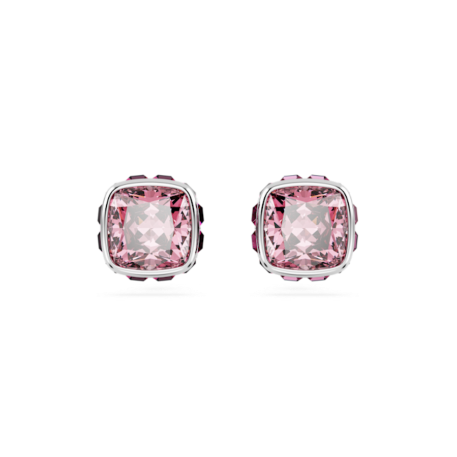 Resim Birthstone düğme Küpeler, Kare kesim, Ekim, Pembe, Rodyum kaplama
