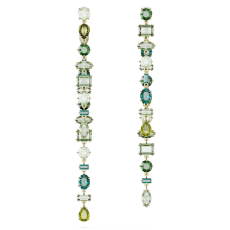 Resim Gema damla küpeler, Asimetrik tasarım, Karışık kesimler, Ekstra uzun, Yeşil, Altın rengi kaplama