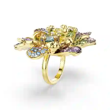 Resim Idyllia Yüzük, Karışık kesimler, Pavé, Çiçek, Çok renkli, Altın rengi kaplama