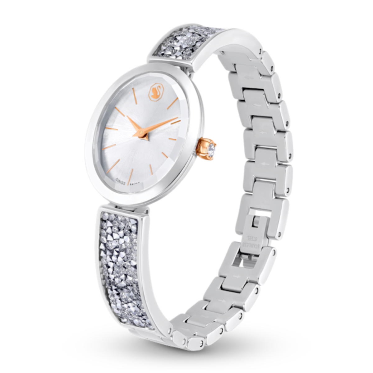 Resim Crystal Rock oval Saat, İsviçre Üretimi, Kristal bileklik, Beyaz, Paslanmaz çelik