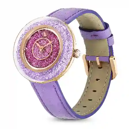 Resim Crystalline lustre Saat, İsviçre Üretimi, Deri kayış, Mor, Pembe altın rengi yüzey