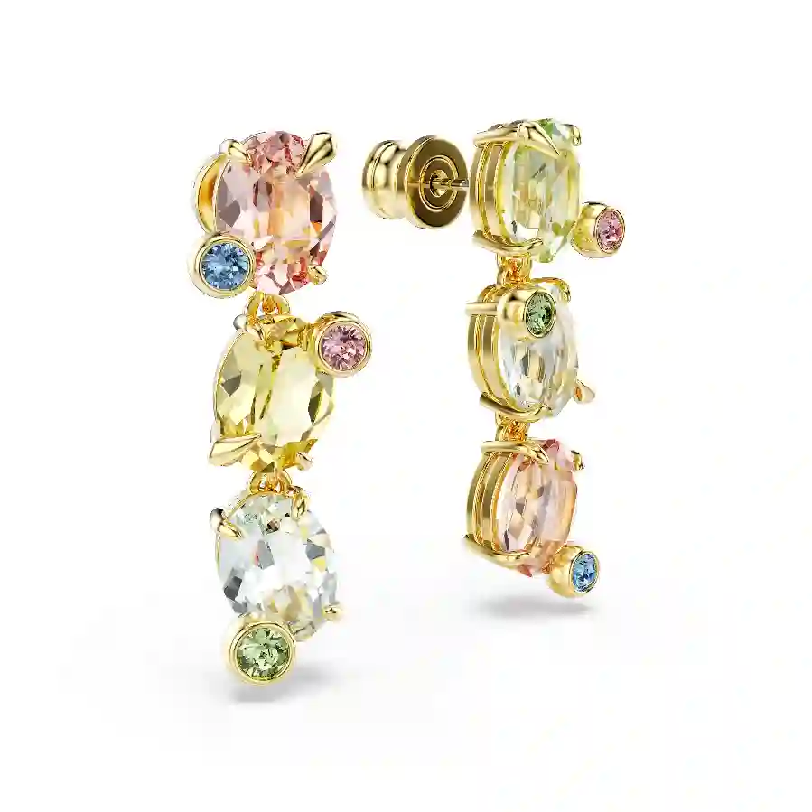 Resim Gema damla küpeler, Asimetrik tasarım, Karışık kesimler, Çok renkli, Altın rengi kaplama