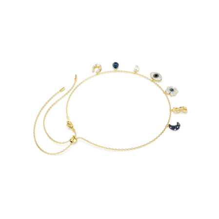 Resim Symbolica Gerdanlık, Kristal inci, Ay, sonsuzluk, yonca, nazarlık ve at nalı, Mavi, Altın rengi kaplama