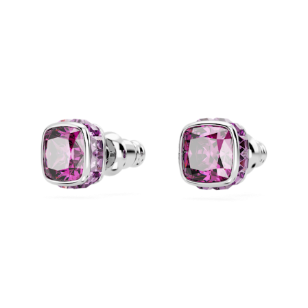 Resim Birthstone düğme Küpeler, Kare kesim, Şubat, Mor, Rodyum kaplama