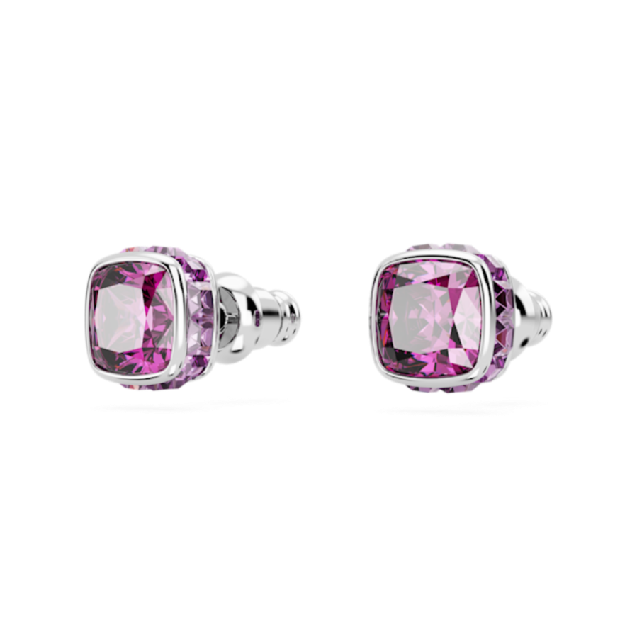 Resim Birthstone düğme Küpeler, Kare kesim, Şubat, Mor, Rodyum kaplama