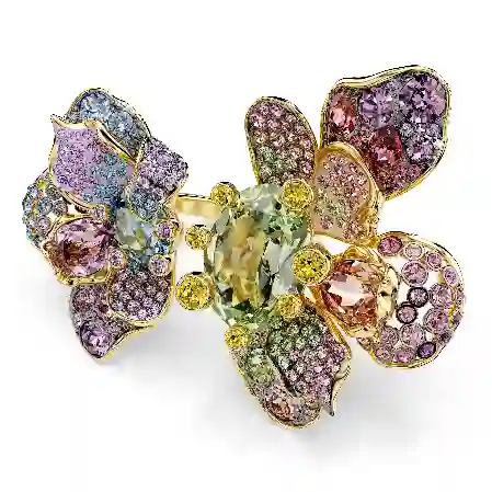 Resim Idyllia Yüzük, Karışık kesimler, Pavé, Çiçek, Çok renkli, Altın rengi kaplama