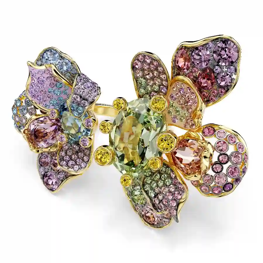 Resim Idyllia Yüzük, Karışık kesimler, Pavé, Çiçek, Çok renkli, Altın rengi kaplama