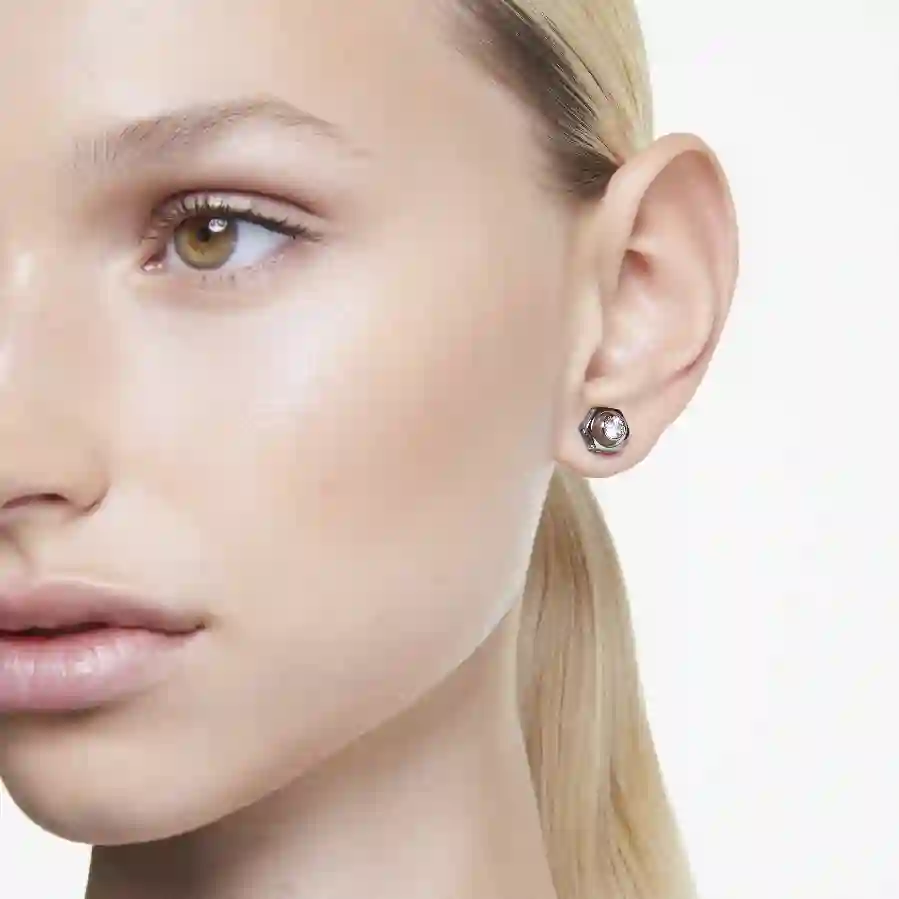 Resim Numina düğme Küpeler, Yuvarlak kesim, Beyaz, Rutenyum kaplama