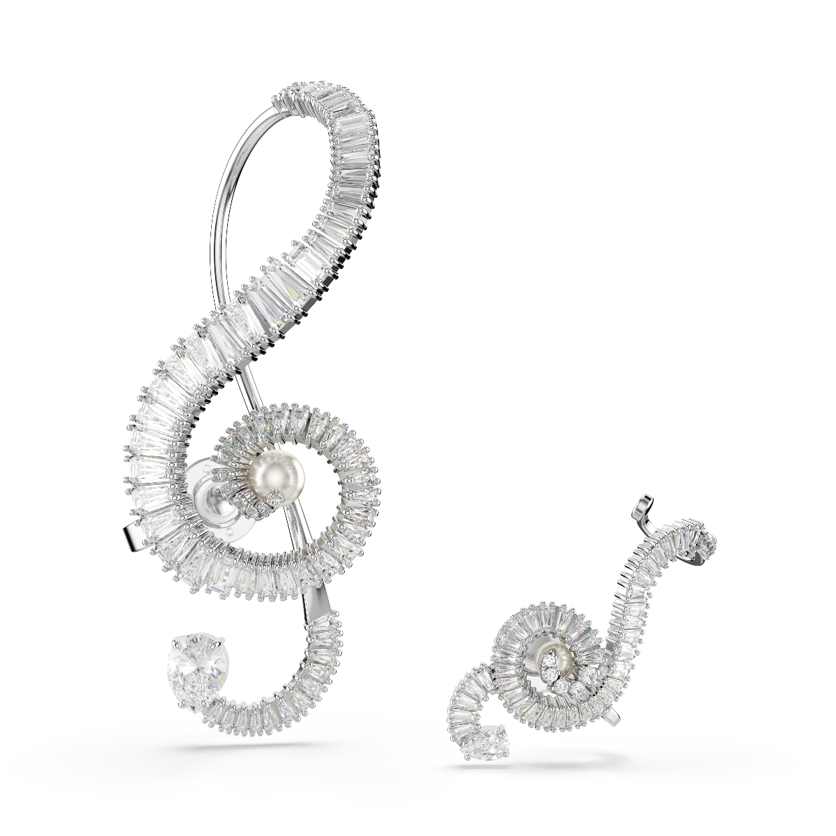 Resim Ariana Grande x Swarovski Klipsli Küpeler, Asimetrik tasarım, Kristal inci, Baget kesim, Beyaz, Rodyum kaplama
