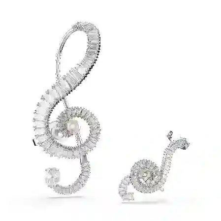 Resim Ariana Grande x Swarovski Klipsli Küpeler, Asimetrik tasarım, Kristal inci, Baget kesim, Beyaz, Rodyum kaplama