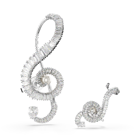 Resim Ariana Grande x Swarovski Klipsli Küpeler, Asimetrik tasarım, Kristal inci, Baget kesim, Beyaz, Rodyum kaplama