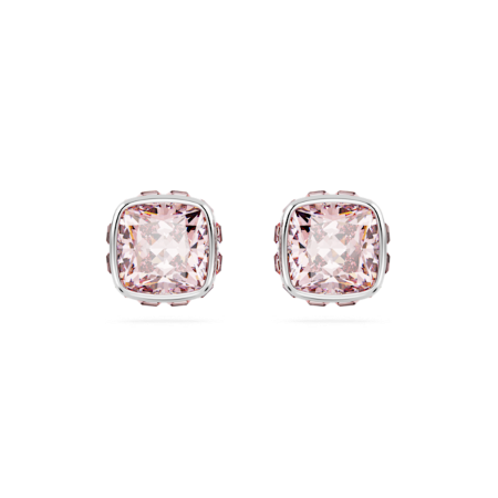 Resim Birthstone düğme Küpeler, Kare kesim, Haziran, Pembe, Rodyum kaplama