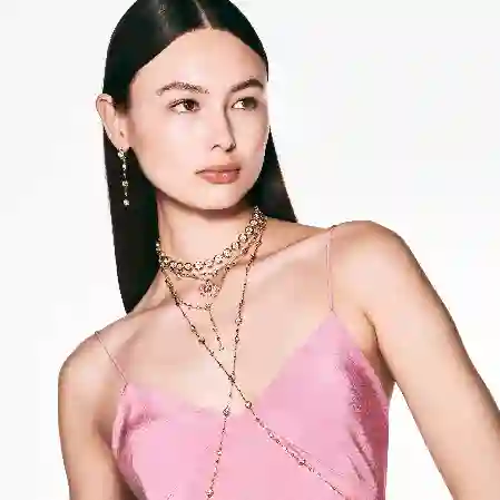 Resim Hyperbola Kolye, Sekizgen kesim, Kristal inciler, Kalp, Pembe, Altın rengi kaplama