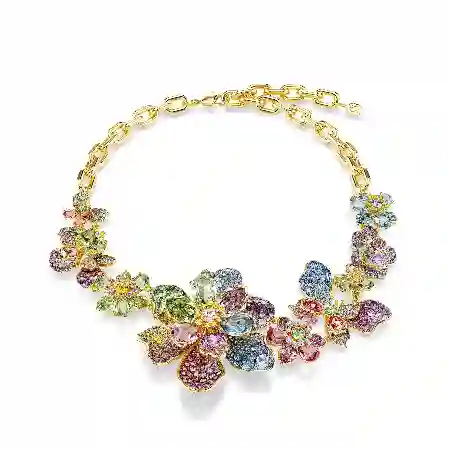 Resim Idyllia Kolye, Karışık kesimler, Pavé, Çiçek, Çok renkli, Altın rengi kaplama
