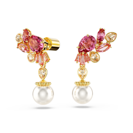 Resim Gema damla küpeler, Karışık kesimler, Kristal inciler, Çiçek, Pembe, Altın rengi kaplama