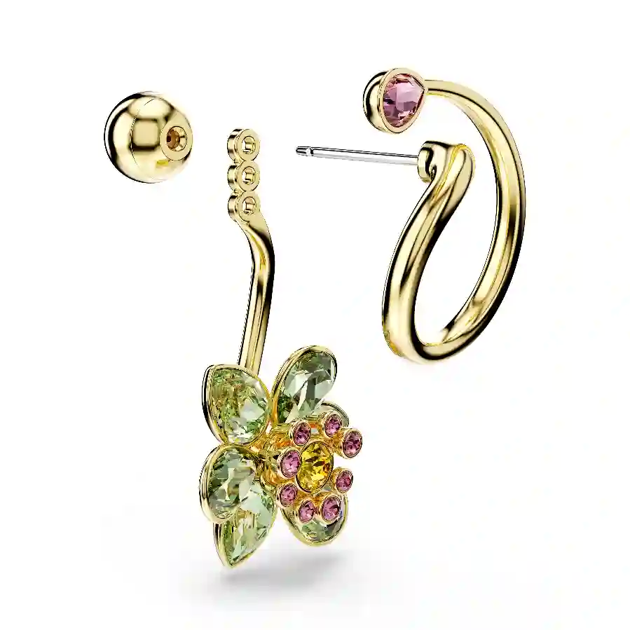 Resim Idyllia damla küpeler, Asimetrik tasarım, Karışık kesimler, Çiçek, Çok renkli, Altın rengi kaplama