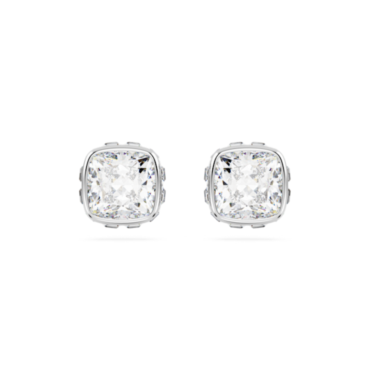 Resim Birthstone düğme Küpeler, Kare kesim, Nisan, Beyaz, Rodyum kaplama