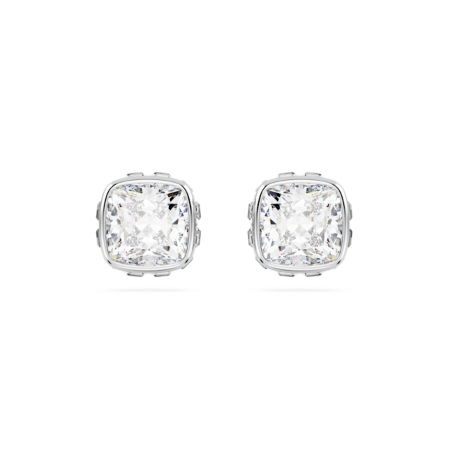 Resim Birthstone düğme Küpeler, Kare kesim, Nisan, Beyaz, Rodyum kaplama