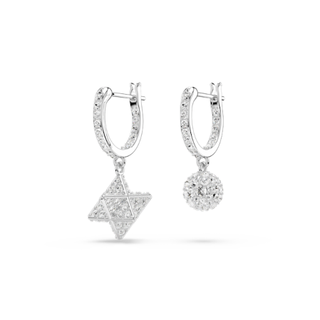 Resim Dextera damla küpeler, Asimetrik tasarım, Yuvarlak kesim, Yıldız ve küre, Beyaz, Rodyum kaplama