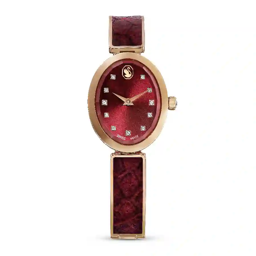Resim Crystal Rock oval Saat, İsviçre Üretimi, Metal bileklik, Kırmızı, Pembe altın rengi yüzey