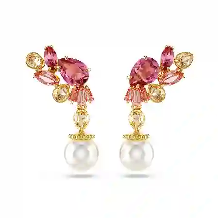 Resim Gema damla küpeler, Karışık kesimler, Kristal inciler, Çiçek, Pembe, Altın rengi kaplama