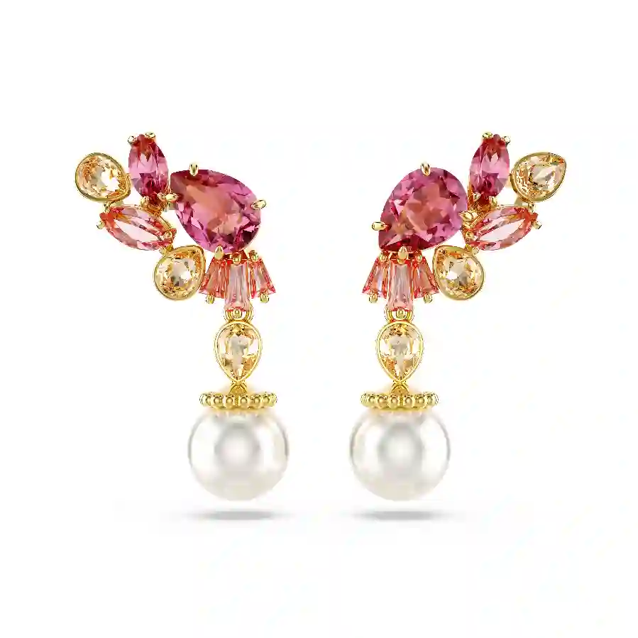 Resim Gema damla küpeler, Karışık kesimler, Kristal inciler, Çiçek, Pembe, Altın rengi kaplama