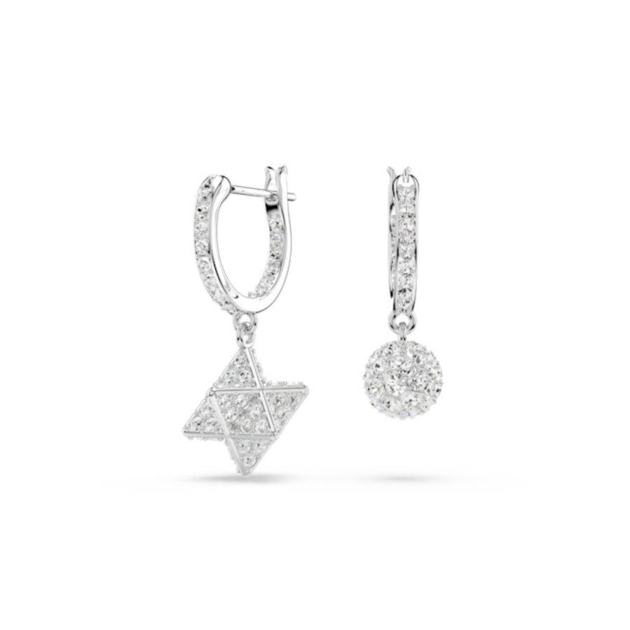 Resim Dextera damla küpeler, Asimetrik tasarım, Yuvarlak kesim, Yıldız ve küre, Beyaz, Rodyum kaplama