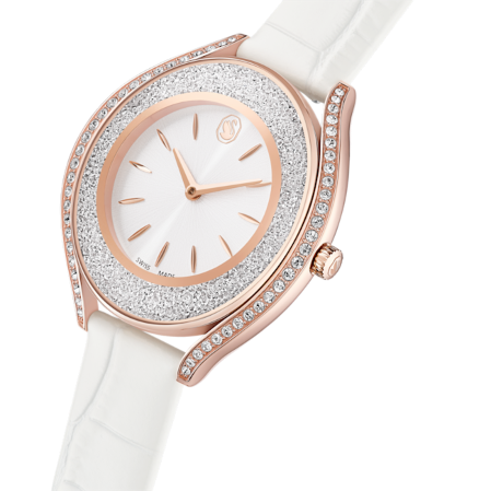 Resim Crystalline aura Saat, İsviçre Üretimi, Deri kayış, Beyaz, Pembe altın rengi yüzey