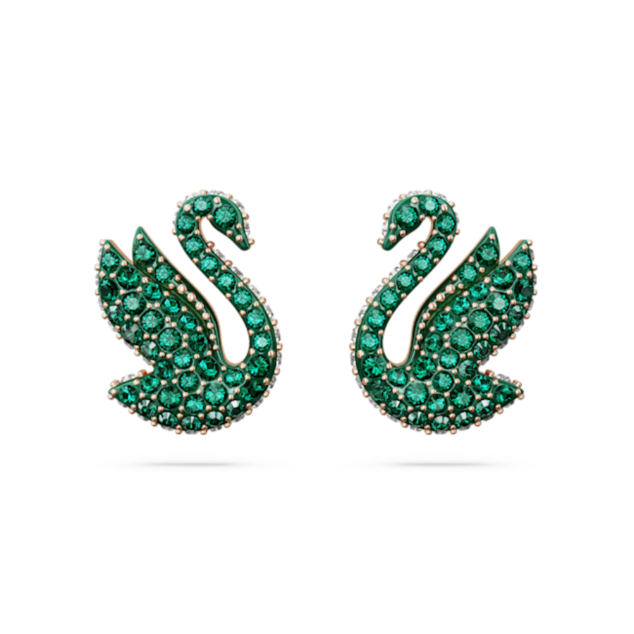 Resim Swan düğme Küpeler, Kuğu, Yeşil, Pembe altın rengi kaplama