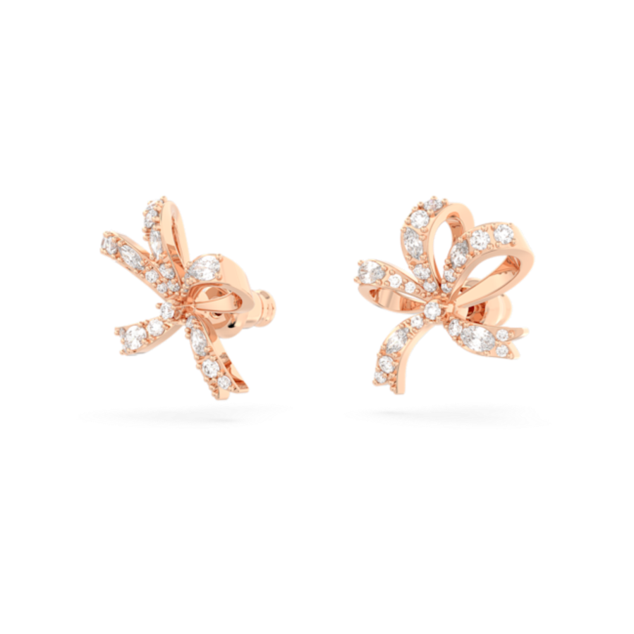 Resim Volta düğme Küpeler, Fiyonk, Küçük, Beyaz, Pembe altın rengi kaplama