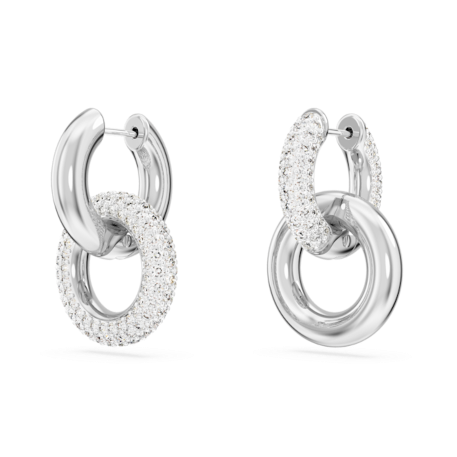 Resim Dextera halka küpeler, Asimetrik tasarım, Kilitlenmiş döngü, Beyaz, Rodyum kaplama