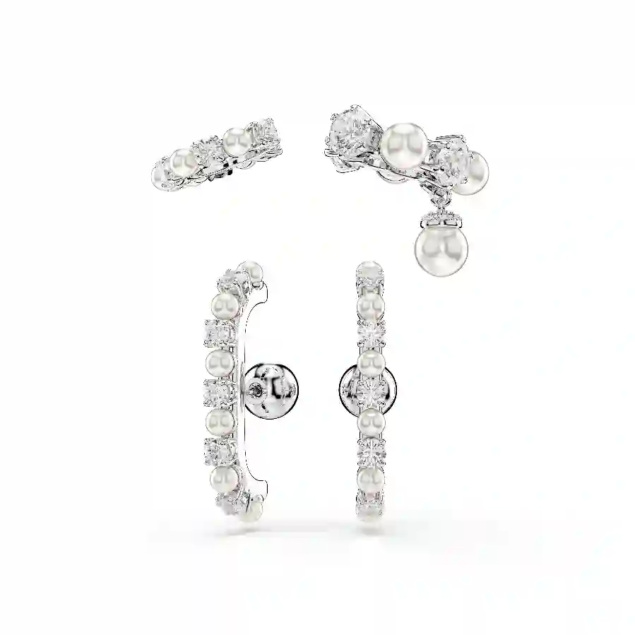 Resim Matrix Kelepçe Küpe, Set (3) Kristal inci, Yuvarlak kesim, Beyaz, Rodyum kaplama