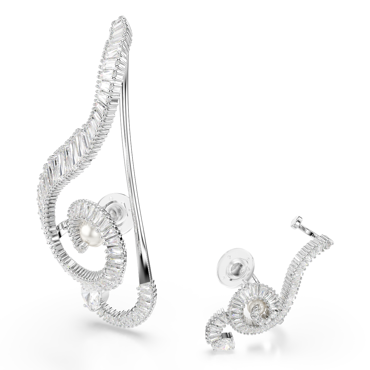 Resim Ariana Grande x Swarovski Klipsli Küpeler, Asimetrik tasarım, Kristal inci, Baget kesim, Beyaz, Rodyum kaplama