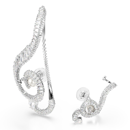 Resim Ariana Grande x Swarovski Klipsli Küpeler, Asimetrik tasarım, Kristal inci, Baget kesim, Beyaz, Rodyum kaplama