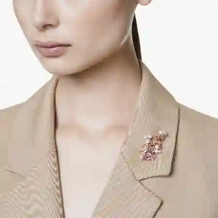 Resim Gema Broş, Kristal inci, Karışık kesimler, Çiçek, Pembe, Altın rengi kaplama