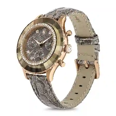 Resim Octea Chrono Saat, İsviçre Üretimi, Deri kayış, Gri, Pembe altın rengi yüzey