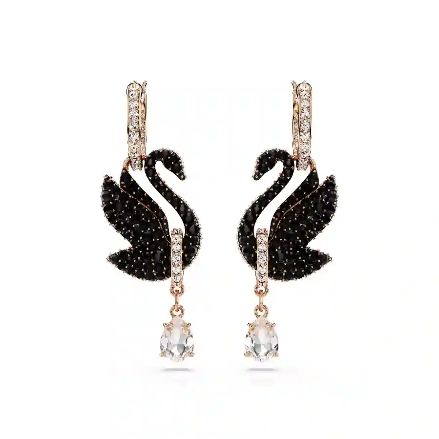 Resim Swan damla küpeler, Kuğu, Siyah, Pembe altın rengi kaplama