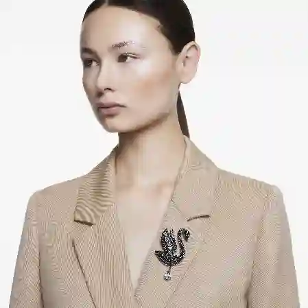 Resim Swan Gerdanlık ve broş, Kristal inci, Kuğu, Siyah, Rutenyum kaplama