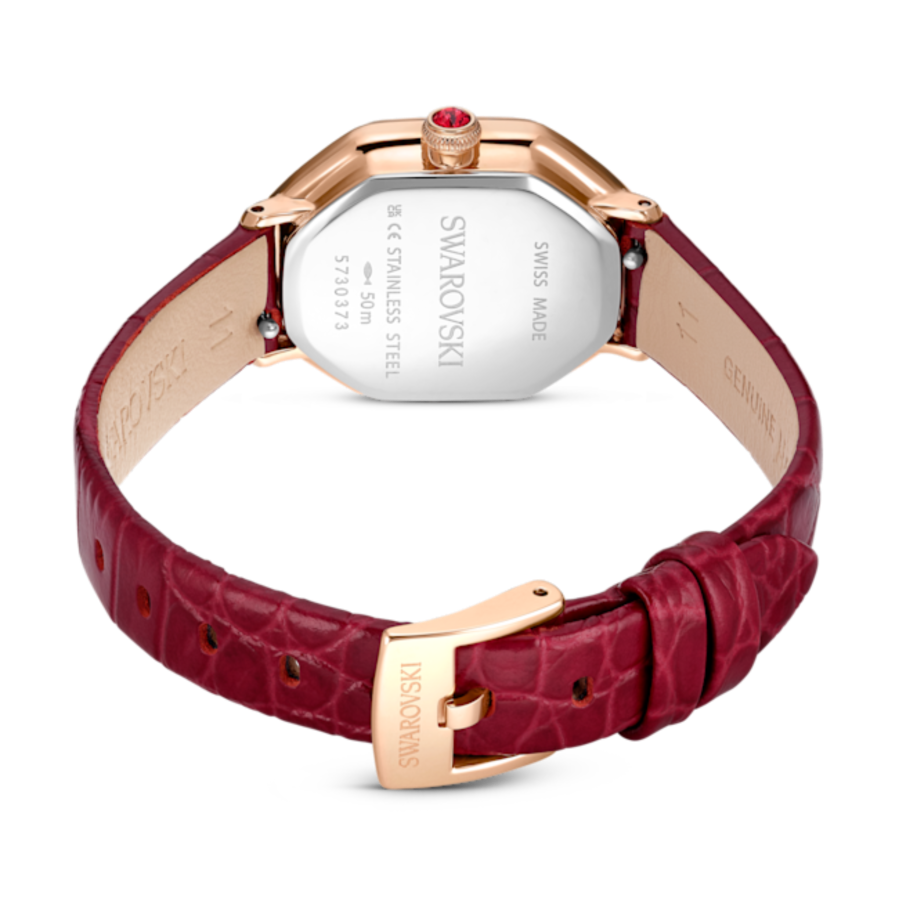 Resim Dextera Octagon Saat, İsviçre Üretimi, Deri kayış, Kırmızı, Pembe altın rengi yüzey