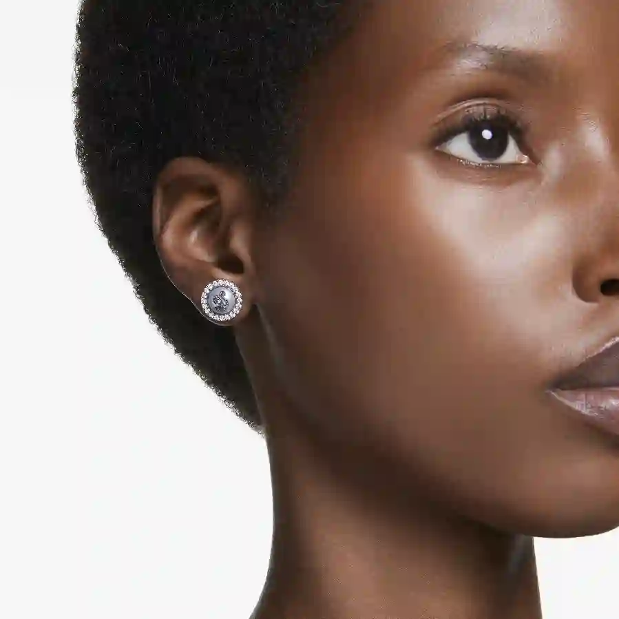 Resim Swarovski Swan düğme Küpeler, Kristal inci, Kuğu, Gri, Rutenyum kaplama