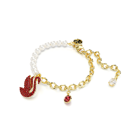 Resim Swarovski Iconic Swan Bileklik, Kristal inci, Kuğu, Kırmızı, Altın rengi kaplama